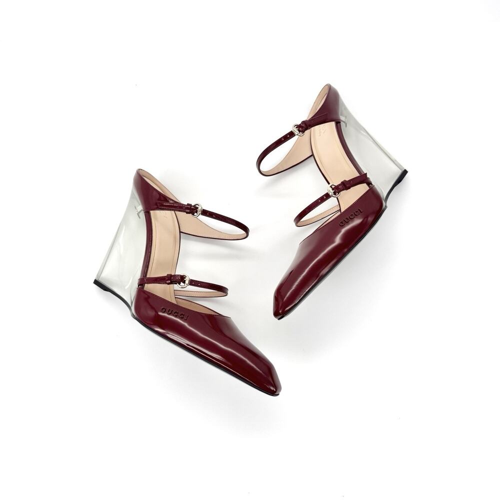 NIB Gucci Rosso Ancora Red 40 US 10 Buckle Strap Transparent Wedge Mule Sandals - Picture 7 of 15